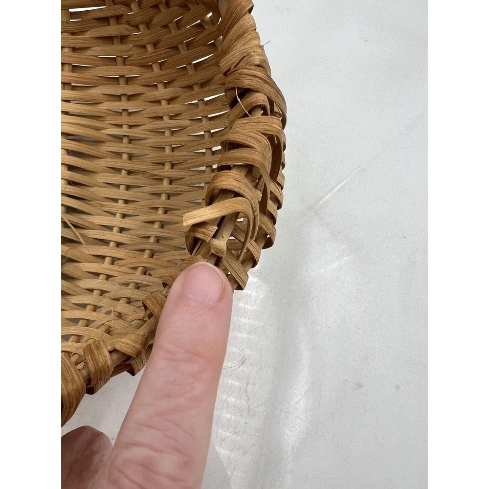 VTG Hand Woven Wicker Buttocks Basket Natural Wood Split Reed God's Eye Handle